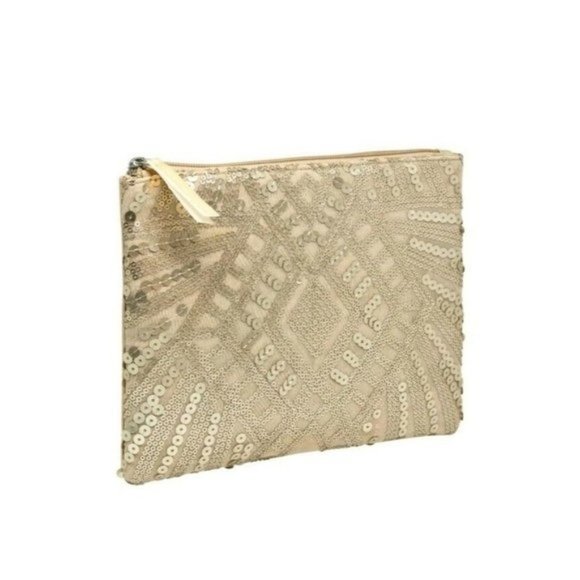 Unbranded Other - Blush Beaded Makeup Cosmetic Bag wristlet, Gold Sequin Glam Bag, NEW